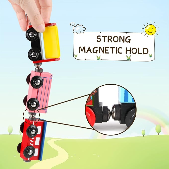 31 PCS Wooden Train Cars - Magnetic Train Set Includes 15 Cars, 10 Bonus Connectors & Storage Bag, Wooden Train Set Toy Train for Kids Toddlers, Compatible with Major Brands Train Tracks Set