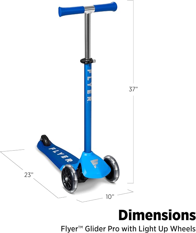 Radio Flyer Glider Pro Scooter with Light Up Wheels, Blue, for Kids 5-12 Years Old, Lean-to-Steer, Adjustable Handlebar, Rear Foot Brake, Smooth Bearings, Flexible Deck, 3 Wheel Scooter for Kids