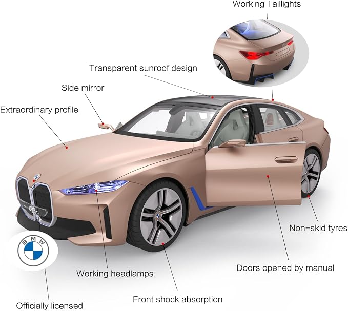 RASTAR BMW i4 Remote Control Car, 1/14 BMW i4 Concept RC Toy Car Golden BMW Model Car Diecast for Kids Boys Adults