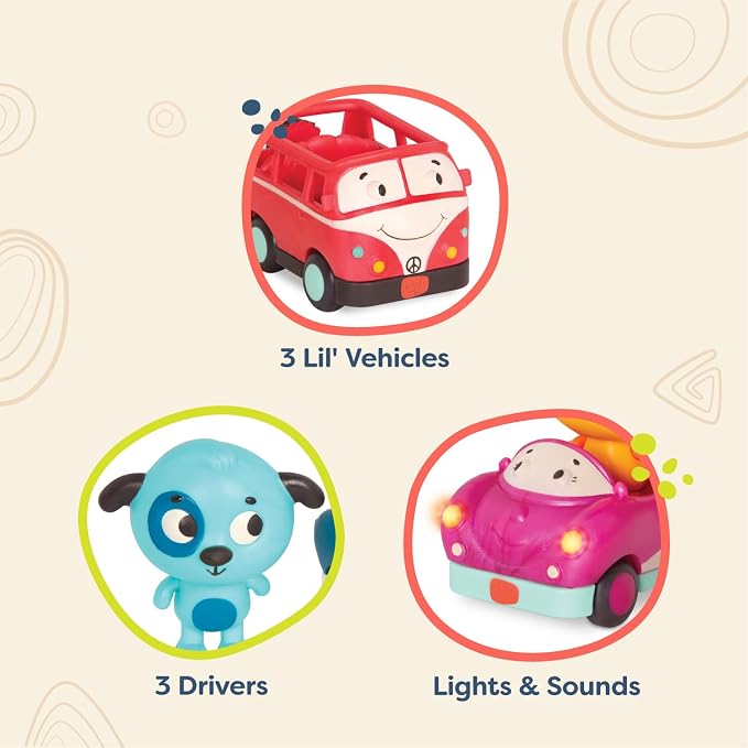 B. toys – Mini Riders – Cars & Animal Characters – Smart Car, Police Car, Van – Toy Cars for Toddlers, Kids – Lights & Sounds – 12+ Months