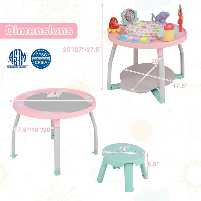 HONEY JOY Baby Activity Center, 5 in 1 Infant Jumper & Standing Play Table w/ 360° Rotary Seat, 6 Toys, 3 Adjustable Heights, Lights, Music & Sounds, Activity Center for Babies 6-36 Months (Pink)