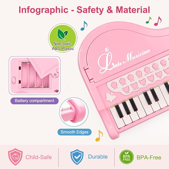 Love&Mini Pink Piano Toys for 1+Years Old Girls First Birthday Gifts Toddler Piano Music Toy Instruments with 24 Keys and Microphone