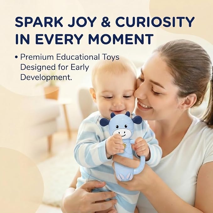 MooMoo Baby Musical Toy, 4‑in‑1 Light‑Up Sensory Toy & Teether for 3–24 Month Babies, BPA‑Free with Easy‑Grip Handle, Cute Cow‑Shaped Travel Toy for Car Seat & Stroller (Blue)