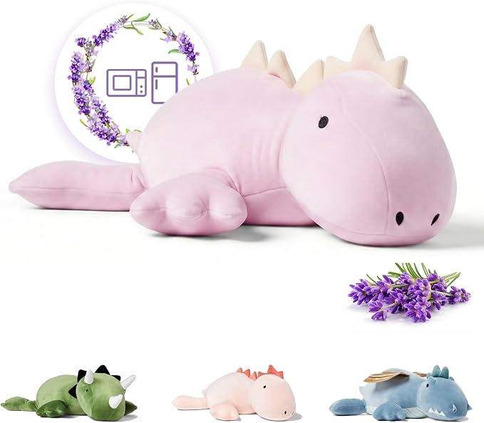 OSOCU® Microwavable Heating Pad Purple Stegosaurus Plush - 1.4 Lb Weighted Stuffed Animal Toy with Tourmaline Beads & Lavender - 16" Squished Long Dinosaur Pillow - Lumbar Back Cushion Lasting Warmth