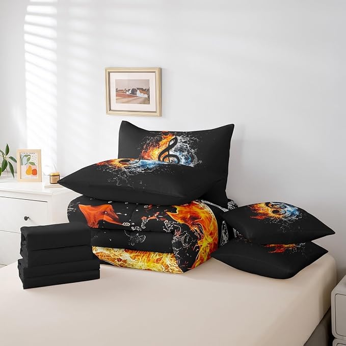 Feelyou Music Comforter Set with Sheets Full Size Popstar Party Bed in a Bag for Boys Girls Teens Dark Black 7 Pieces Bedding Set Soft Lightweight Microfiber