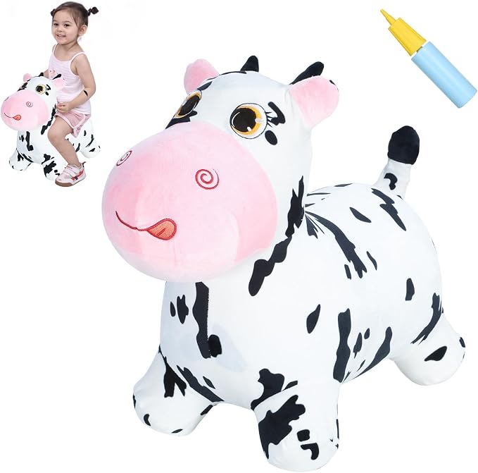INPANY Bouncy Cow Farm Animal Hopping Toys for 2 Year Old Girl Gifts, Plush Kids Inflatable Jumping Horse, Ride on Toddler Bull Hopper, Outdoor Indoor Rubber Bouncer for 3 4 Yr Boy Birthday