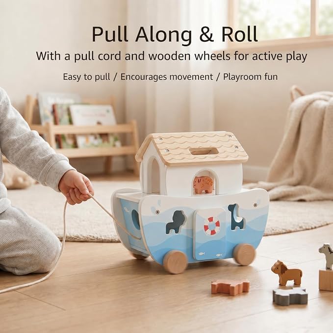 Wooden Noah’s Ark Toy for Toddlers 1-3, Montessori Animal Shape Sorter with 8 Pairs of Animals, Noah Figures, Rainbow, Ladder and Lacing Rope, Baptism Birthday Christian Gift for Boys Girls