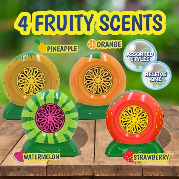 Mini Fruit Bubble Blowers with 4oz Scented Bubble Solution – Bubble Makers for Kids, Battery Operated Bubble Machines - Strawberry, Watermelon, Orange, Pineapple, Receive One Style at Random