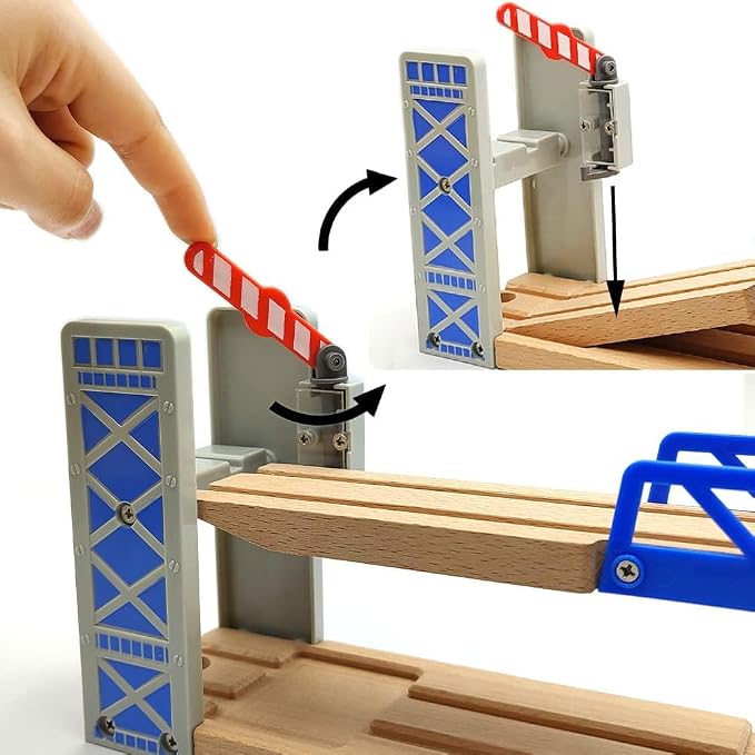 Lift Bridge Wooden Crane Toy Set with Train Cars - Compatible with Major Wooden Rail Brands - Ages 3-5