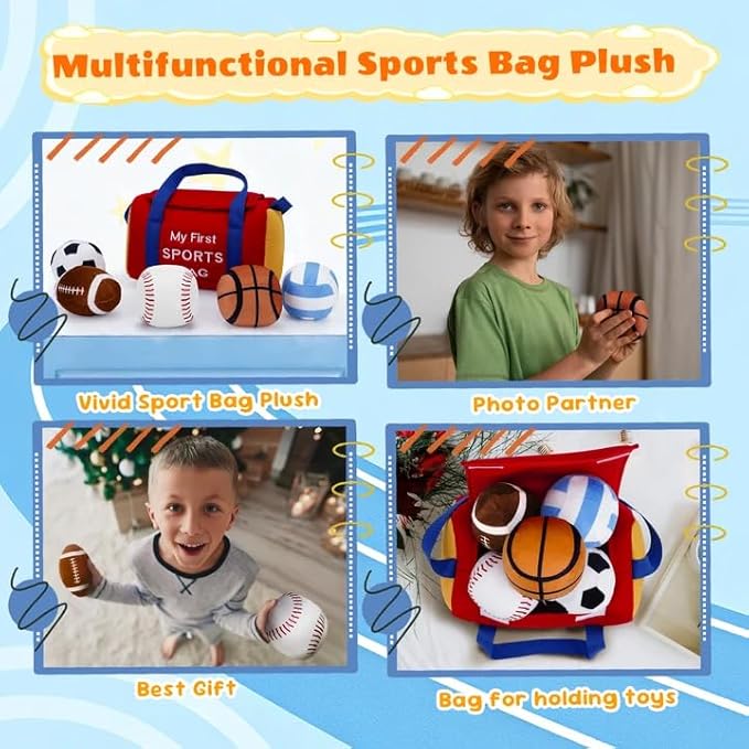 My First Sports Bag Plush, Baby Sports Toys Plushie with 5 Pcs Ball Plushy for Toddlers, First Birthday Gifts for Boys Girls