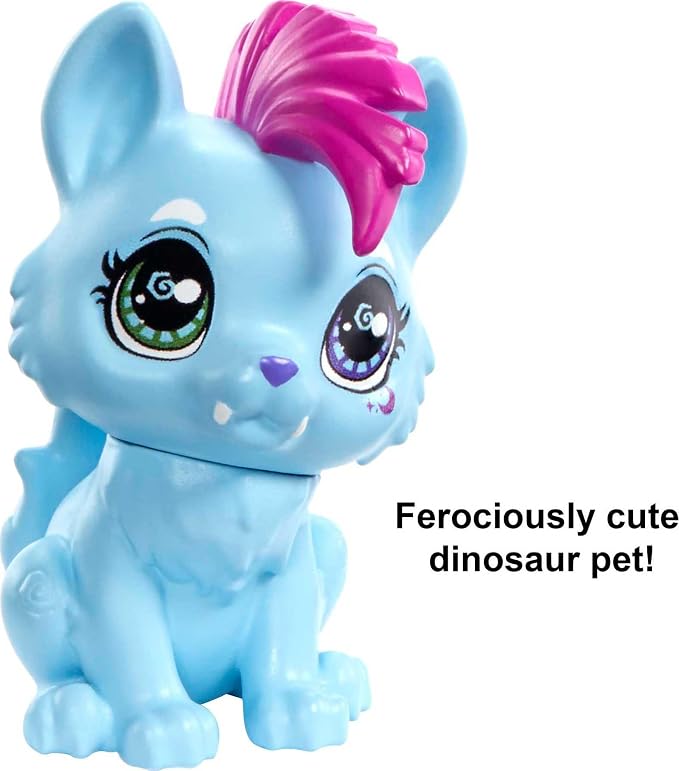 Mattel Cave Club Tella Doll (8 10-inch, Blue Hair) Poseable Prehistoric Fashion Doll with Dinosaur Pet and Accessories, Gift for 4 Year Olds and Up