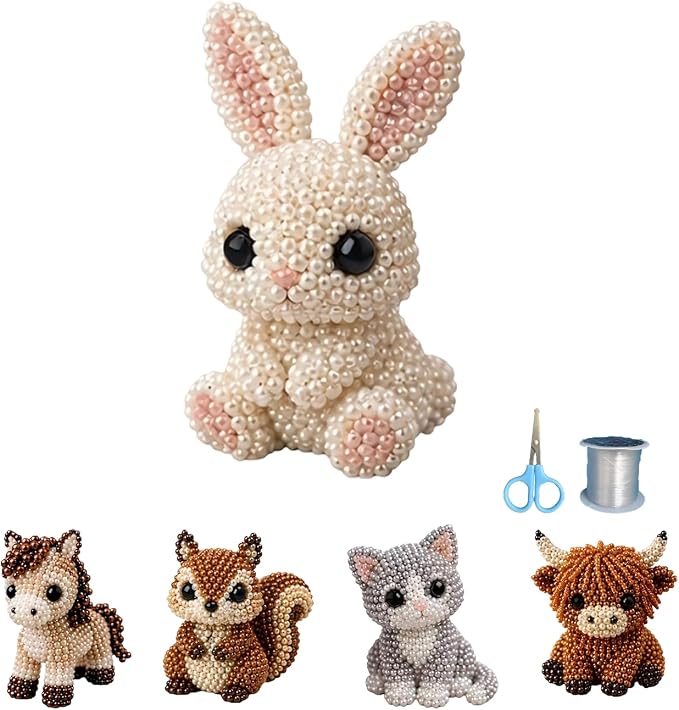 CJNEJGT Kid Friendly 3D Beaded Animal DIY Kit, Stress Relief Leisure DIY Bead Toy Set, Beginner Bead Embroidery Craft Gift with Step-by-Step Instructions (Rabbit)
