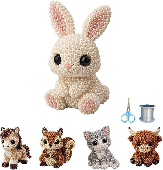 CJNEJGT Kid Friendly 3D Beaded Animal DIY Kit, Stress Relief Leisure DIY Bead Toy Set, Beginner Bead Embroidery Craft Gift with Step-by-Step Instructions (Rabbit)