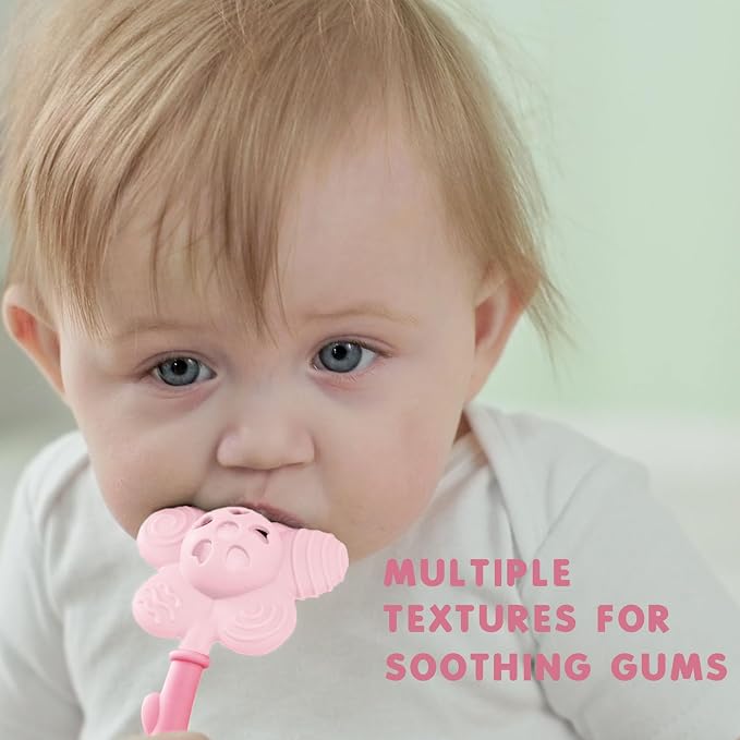 Baby Teething Toys 3-6 Months, Teether and Sensory Rattle for Babies 0-6 Months, Food Grade Silicone Teethers 6-12 Months, Infant Teething Relief Chew Toys, Sunnyflower Teether Toy BPA Free - Pink