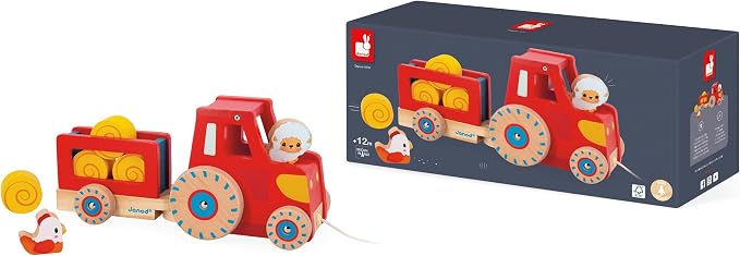 Janod Wooden Pull-Along Tractor Toy with Removable Trailer, Hen, Sheep & 4 Hay Bales – Quiet-Wheel Farm Playset & Walking Aid – Ages 12 Months+ - J03317