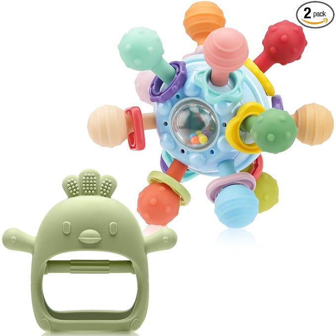 2 Pack Baby Teething Toys 0-6 6-12 Months, Multi-Functional Food Grade Silicone Baby Montessori Sensory Teether Toys & Teething Mittens, Soothing Chew Baby Toys for Newborn Infant Sucking Needs