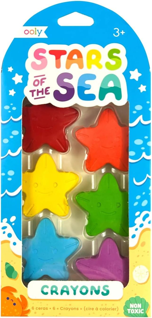 Ooly Stars of the Sea Star Shaped Chunky Crayons for Toddlers and Little Hands Set of 6, Non-Toxic Star Shaped Easy to Hold Crayons for Young Children, No Rolling Crayon, Gifts for Kids