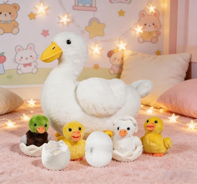 Youthfuljive 7 in 1 Duck Stuffed Animal Plush Duck Toys for Kids Toddlers, 12" Mommy White Stuffed Duck Plush Toy with 4 Baby Ducks Ducklings Eggs Duck Plushie Pillow for Birthday Farm Party
