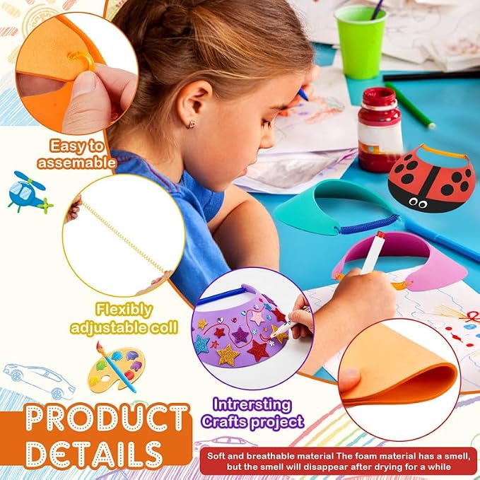 Outus 23 Pcs Assorted Craft Decorations with 12 Foam Visors for Kids, DIY Sun Visor Kit with Stickers & Markers for Arts & Crafts Activities (Bright Color)