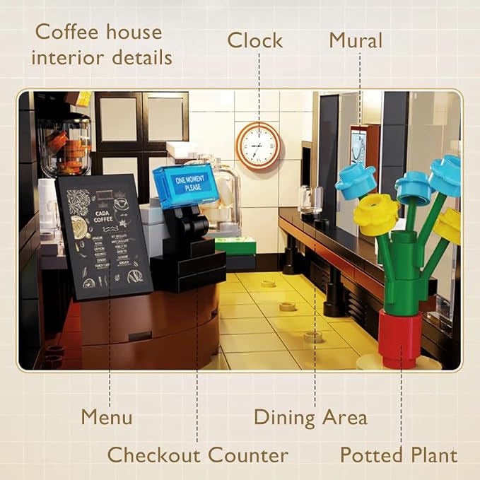 Coffee House Building Blocks Set with Lights, Detailed Street View Architecture Model, Café Interior & Accessories, Gift for Teens Adults 14+(768pcs)