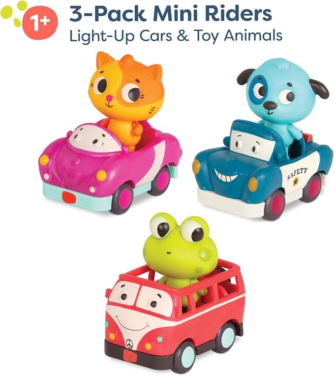 B. toys – Mini Riders – Cars & Animal Characters – Smart Car, Police Car, Van – Toy Cars for Toddlers, Kids – Lights & Sounds – 12+ Months