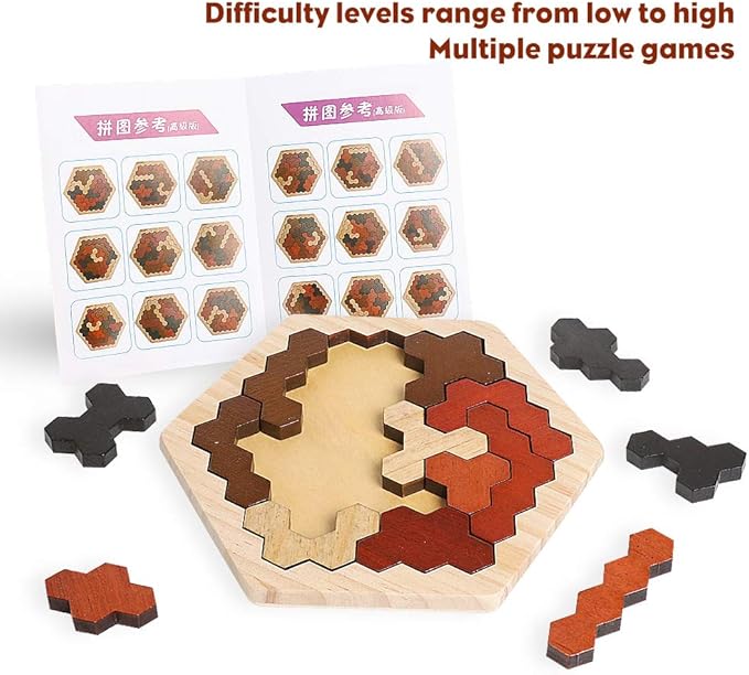 Wooden Hexagon Puzzle for Kids & Adults, Montessori STEM Educational Toy with Colorful Shapes, Logic IQ Brain Teaser Game for Kids, Geometry Tangram Gift