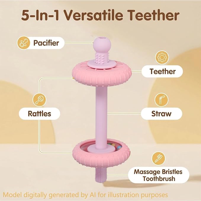 Baby Teething Toys Baby Rattle Teething Straw 3-in-1 Barbell-Shaped, Made from Silicone, Built-in Toothbrush Head and Nipple Shape, Bpa-Free, Phthalate Free, Professionally Certified, Pink