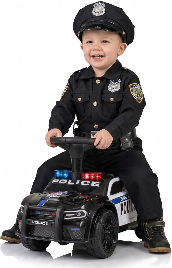 OLAKIDS Ride On Push Police Car, Toddler Foot-to-Floor Sliding Toy with Siren, Steering Wheel, Megaphone, Horn, Headlights, Under Seat Storage, Kids Racer Walking Gift for Boys Girls 1-3 (Classic)