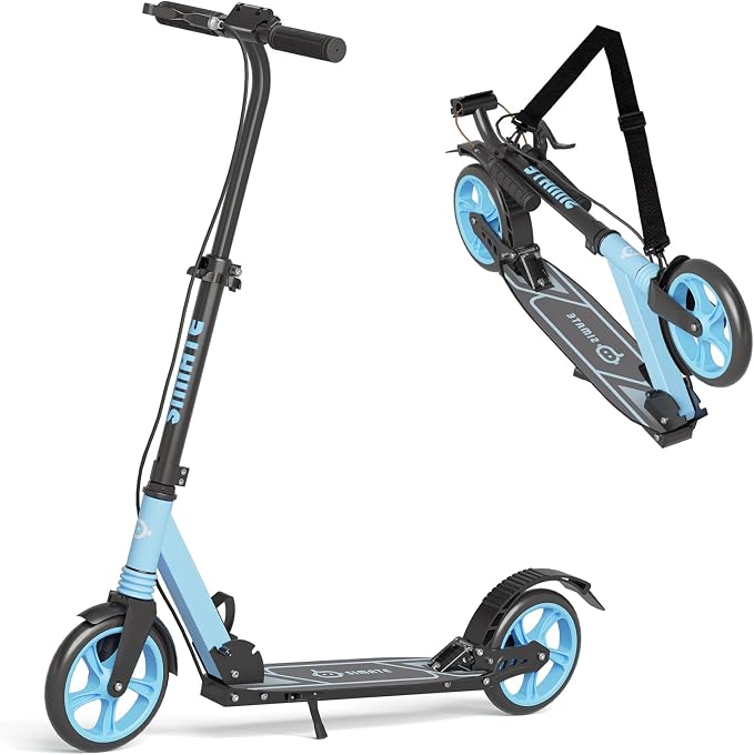 SIMATE Kick Scooter for Kids Teens & Adults, 4 Adjustable Heights, 8IN All Terrain Big Wheels, Dual Brakes & Dual Suspension, Foldable and Lightweight, Gifts for Girls Boys