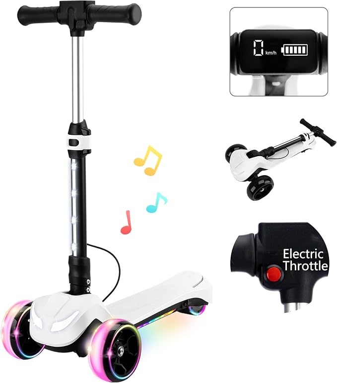 24V Electric Scooter for Kids w/150W Powerful Motor, Thumb Throttle, LCD Screen, Bluetooth, Light-Up Stem Deck & Wheels, 3 Adjustable Heights, 5MPH Safe Speed, 3 Wheel Electric Scooter for Kids