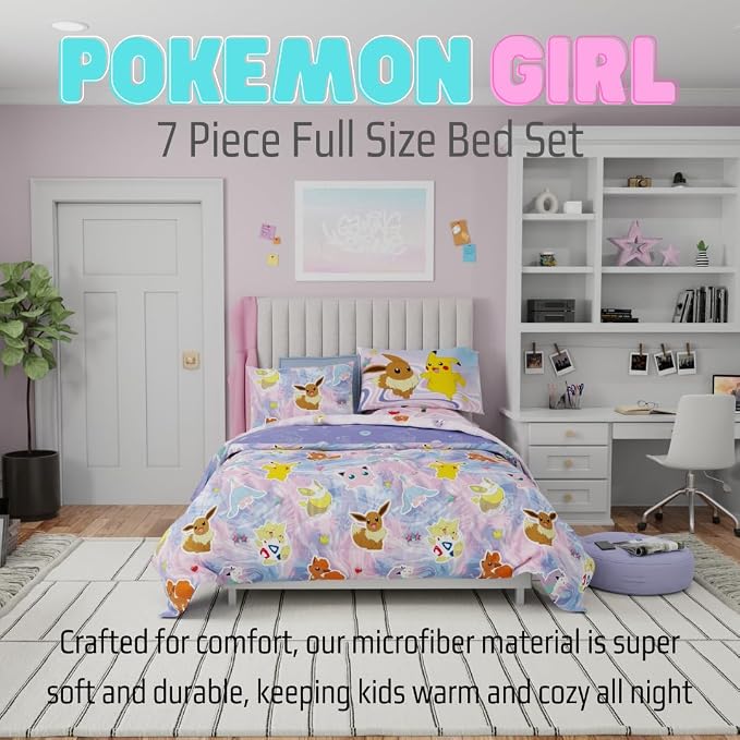 Pokémon Eevee, Pikachu, Jigglypuff Girl Bedding Soft Cozy Reversible Microfiber Comforter and Sheet Set with Sham, 7 Piece Full Size, (Official Licensed Product) By Franco Kids