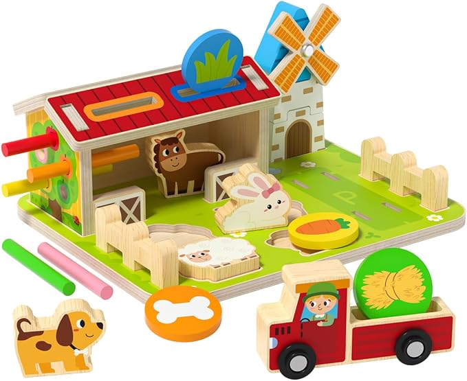 Montessori Wooden Farm Toys for Toddlers 1-3, Coin Sorting Color Shape Animal Matching Fine Motor Skills Toy, Cognitive Learning Educational Sensory Toy for 1 2 3 Year Old Boys Girls, Birthday Gift