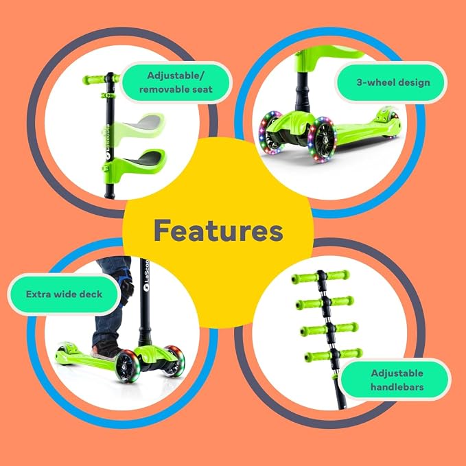 LaScoota 2-in-1 Kids Kick Scooter, Adjustable Height Handlebars and Removable Seat, 3 LED Lighted Wheels and Anti-Slip Deck, for Boys & Girls Aged 3-12 and up to 100 Lbs.