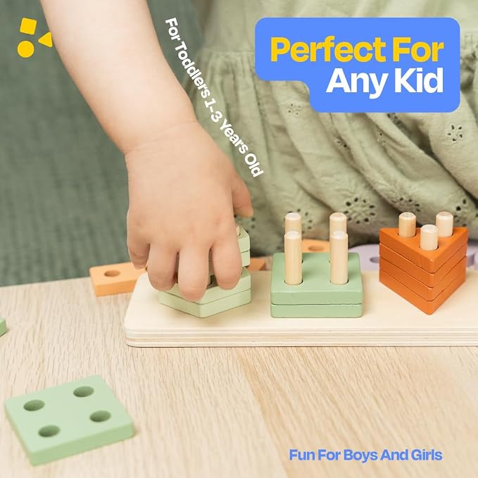 ANGORA BRANDS Montessori Wooden Shape Sorter & Stacking Toy for Toddlers 3+, Educational Puzzle that Builds Fine Motor & Cognitive Skills by Playfully