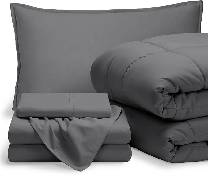Bare Home Bed-in-A-Bag 5 Piece Comforter & Sheet Set - Twin XL - Goose Down Alternative - Ultra-Soft 1800 Premium Bedding Set (Twin XL, Grey/Grey)
