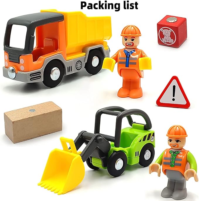 Wooden Train Cars Track Accessories Set Digger and Dump Truck Small Vehicles Magnetic Train Cars Fit for Wooden Train Track Railway for Boys and Girls (Construction Set)