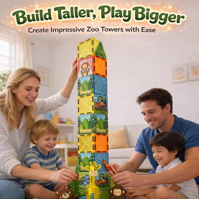 LATI Magnetic Tiles Building Set, Zoo World Animal Magnet Blocks with Giraffe, Lion & Bear, STEM Build & Play Toy for Kids Ages 3-8, Educational Gift for Boys & Girls