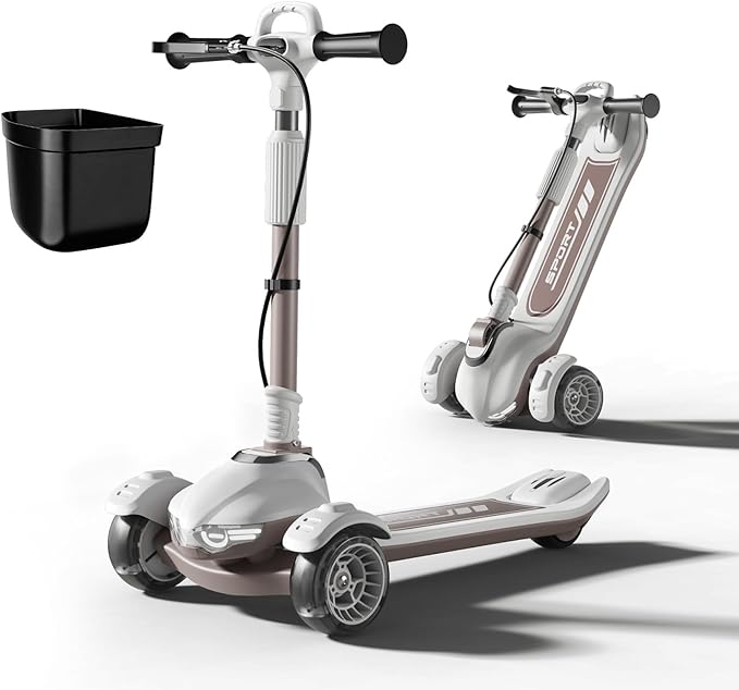 Large Kids Scooter, Toddler Scooter for Kids 3-18 & Adults, Safe Dual Brakes (Foot Brake/Hand Brake) & Music with Lights, 5-Level Adjustable & One-Click Folding Kick Scooter.