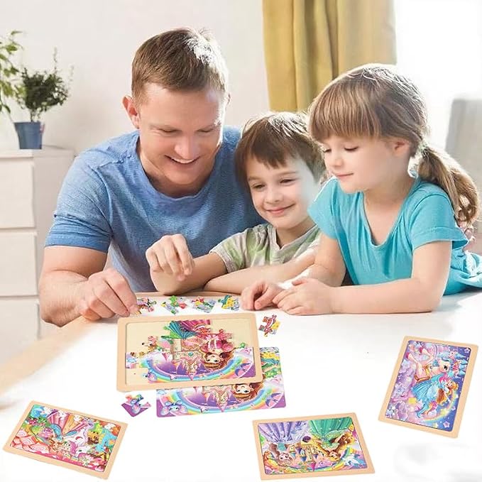Wooden Puzzles Toys for Kids Ages 3-5, Set of 4 Packs with 24-Piece Unicorn Mermaid Princess Wood Jigsaw Puzzles, Preschool Educational Brain Teaser Toys for Girls 3 4 5 6 Years Old.