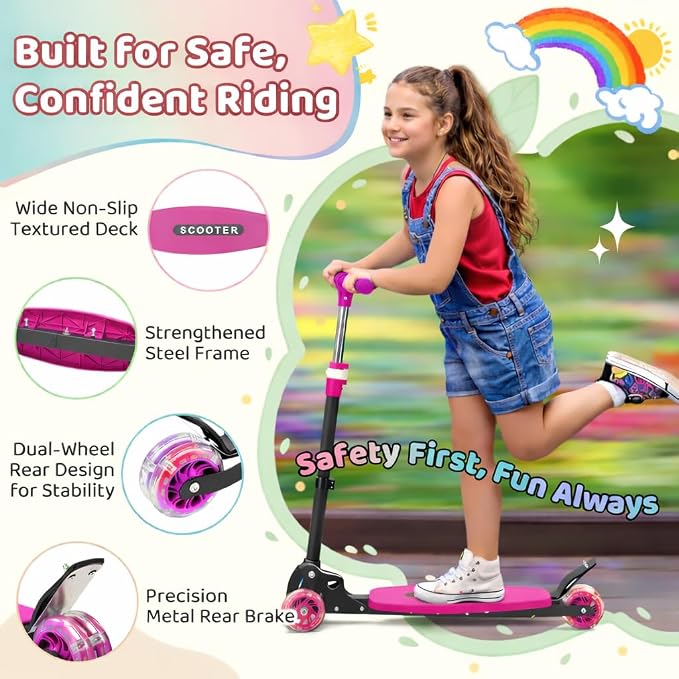 Kick Scooters for Kids 5-7 8-12,Lean to Steer,Three Wheeled Light Up,28"-32" Adjustable Handlebar,Widen Anti-Slip Deck,Floor Push Scooter for Boys Girls Ages 6-12 3-4 Old,Foldable for Travel