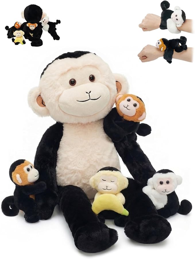 OUOZZZ Monkey Stuffed Animal 5 PCS, 19.3″ Huggable Mama and Babies Slap-Bracelet