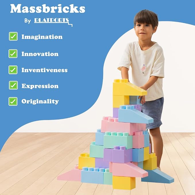 PLATPORTS 48-Piece Jumbo Big Blocks for Kids Ages 2–8 – Giant XL Large Plastic Building Blocks, Indoor/Outdoor Construction Play Set