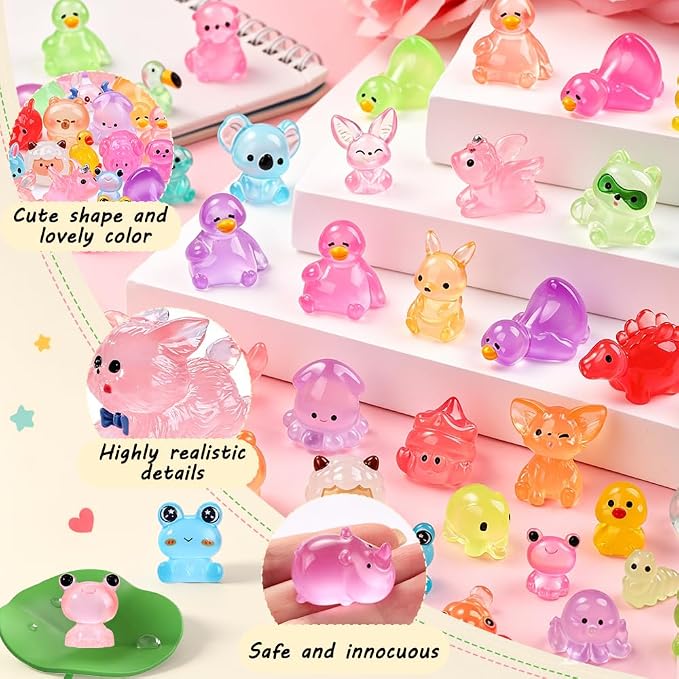DIYDEC 85PCS Luminous Mini Resin Animals, Tiny Miniatures Figures Glow in The Dark Little Toys to Hide Small Duck Figurines for Party Favors Bag Fillers Garden Dollhouse Decor