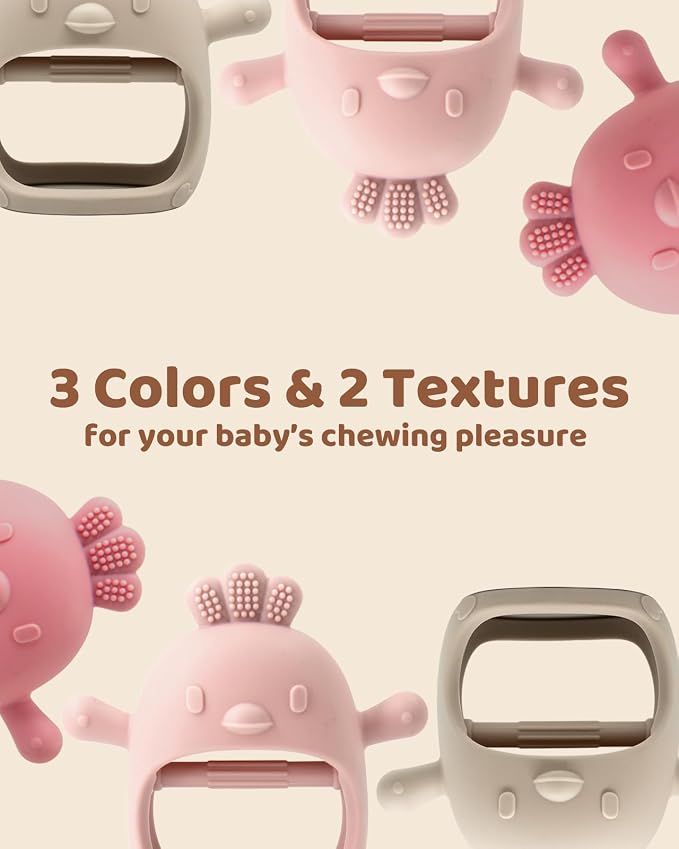 3 Pack Baby Teething Toy Silicone Teething Mitten for Babies Over 3 Months Anti Dropping Wrist Hand Teethers Baby Chew Toys for Sucking Needs, BPA Free (Pink, Caramel & Coral Red)