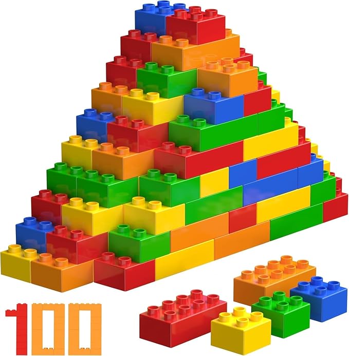 100 Pcs Jumbo Building Blocks Set for Toddlers (80 Square & 20 Rectangle) | Compatible Big Construction Bricks in 5 Colors | Kids Ages 3+ STEM Toy