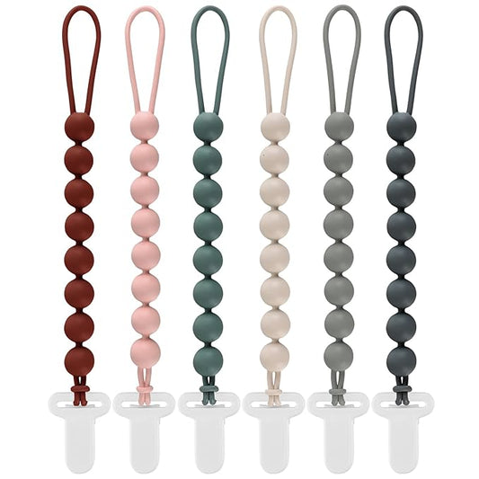 6-Pack Silicone Pacifier Clips for Babies, Safe Teething Beads, Rust-Free Holders, Baby Boy and Girl Essentials, Newborn Must-Have Accessories