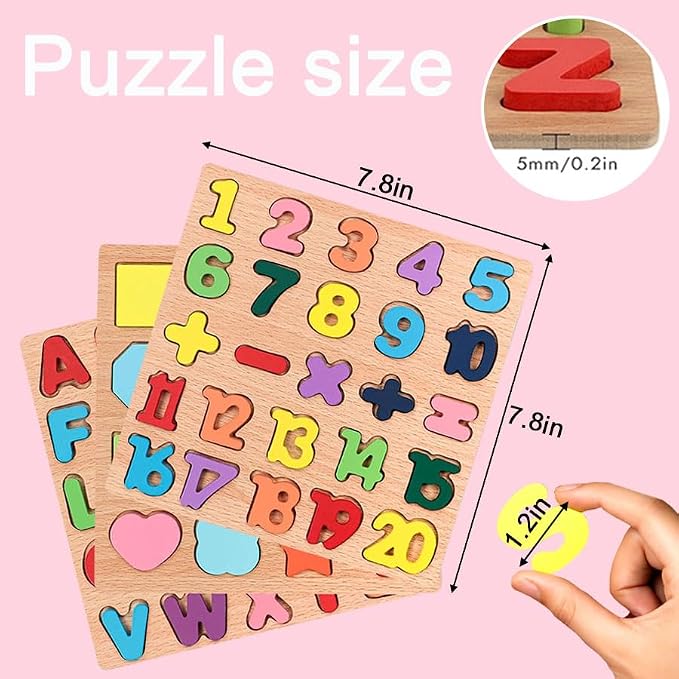 Wooden Puzzles for Toddlers 3-5, Boys & Girls, Montessori Toddler | 3 in 1 Wooden Puzzle, Alphanumeric Graphics Cognitive, for toddlers 3-5 make, natural wood, gift for a birthday