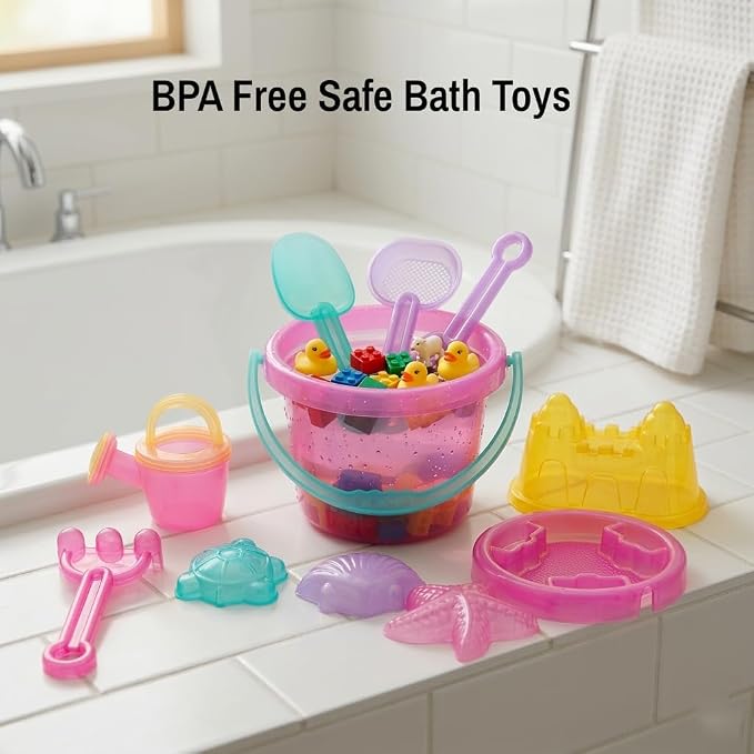 LotFancy 10PCS Sand Toys for Toddlers 1-3 3-5, Pink Beach Toys Set for Girls 18M+, Translucent Sand Castle Molds, Bucket, Sifter, Shovels & Watering Can, Durable Sandbox Toys for Kids