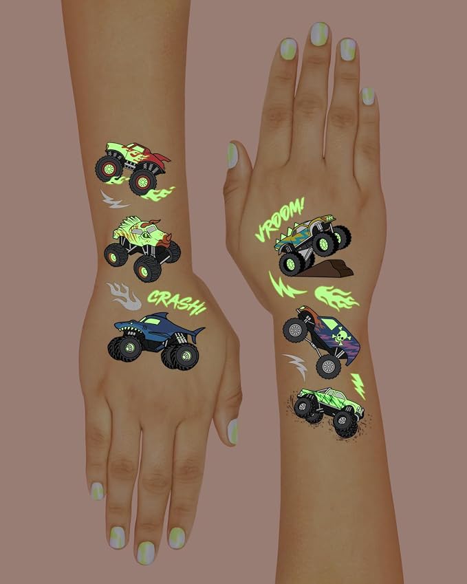 xo, Fetti Glow In The Dark Monster Truck Temporary Tattoos - 50 Foil Styles | Truck Birthday Party Decorations, Boys Pick Up Truck Party Favors, Race Car Temp Tats, Kids Arts and Crafts Supplies