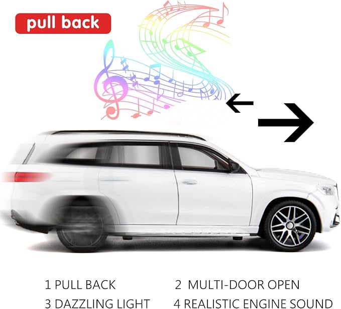 WAKAKAC 1/24 GLS63 AMG Model Car,Zinc Alloy Diecast Toy Car Pull Back with Light and Sound Toy Vehicle Door Can Be Opened (White)